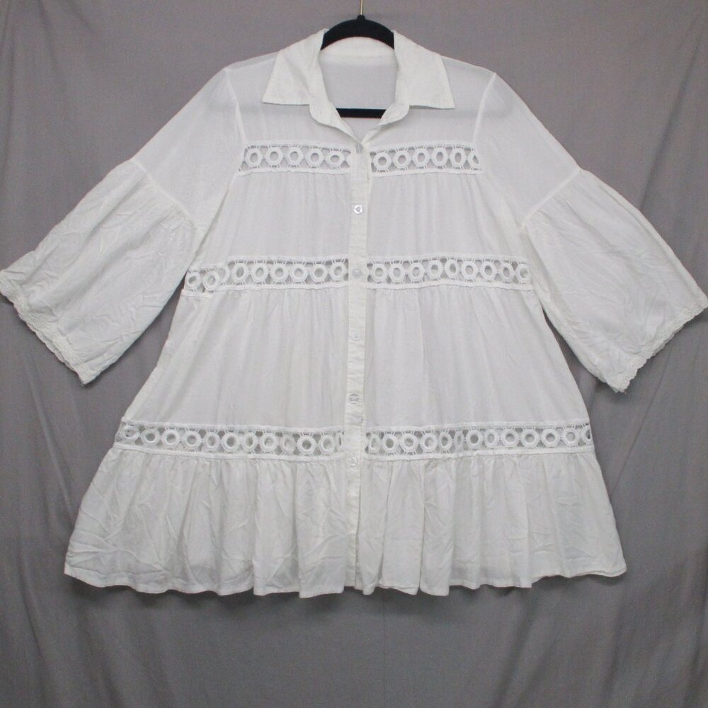 BOHO Cottagecore Semi-Sheer Flowy Tunic Button Down‎ White Women Size | L